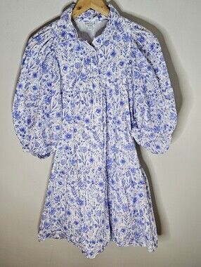 Saule Parc Blockprint Mini Dress Blue White Floral Short Sleeve S Small